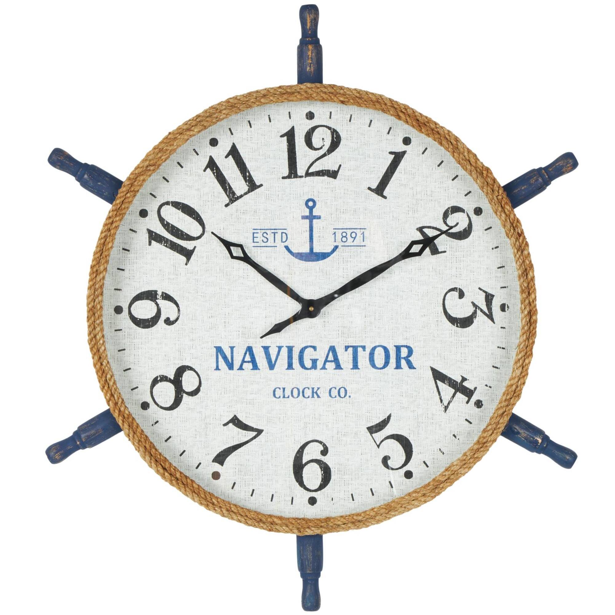 33" White & Blue Wood & Rope Ship Wheel Decorative Wall Clock